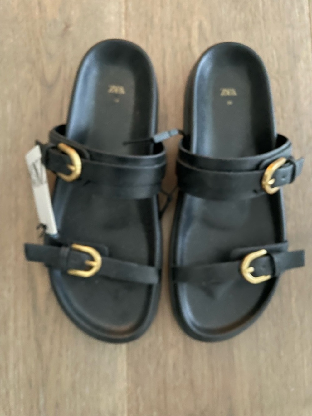 NWT Zara Black Slide Sandals with Gold Buckles - Women's 39